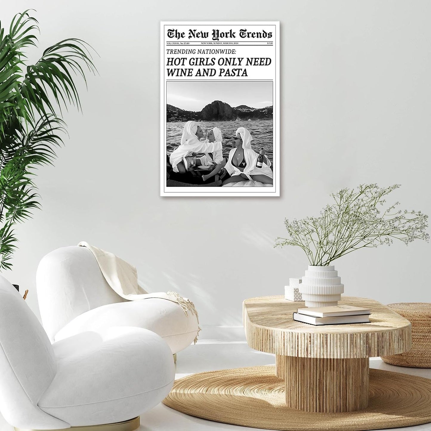 FBKDVC 24x36in Vintage Trendy Black And White Newspaper Print Poster Retro Times Canvas Wall Art Funky Hot Girls Eating