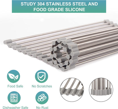 Roll Up Dish Drying Rack, Over the Sink Kitchen Dish Drainer, Foldable Sink Rack Mat, 304 Stainless Steel