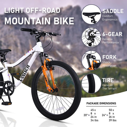 vollsch 24 Inch Kids Mountain Bike for 9-15 Years Old Boys Girls Teens 6-Speed Child MTB Bicycle with Front Suspension Fork, White with Orange Fork