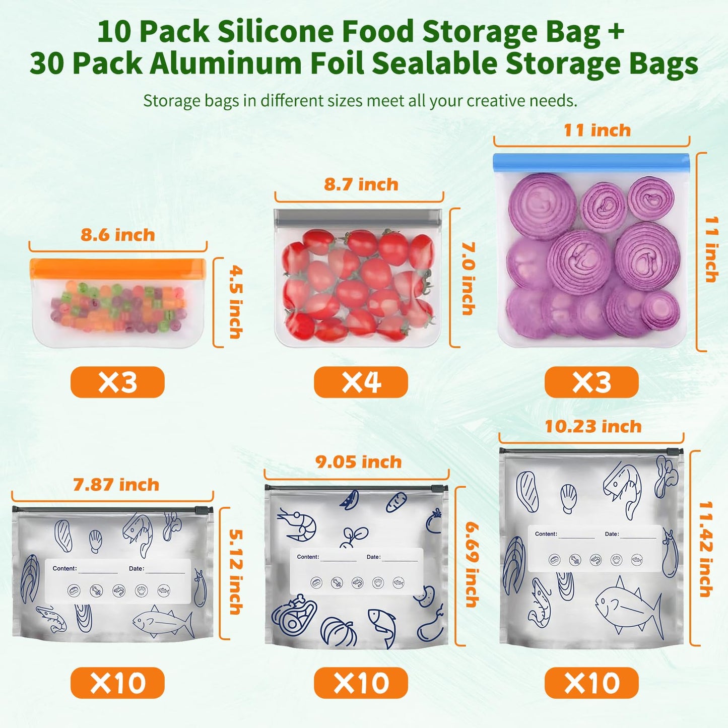 30 Pack Reusable Sealable Aluminum Foil Storage Bags + 10 Pack Leakproof Dishwasher Safe Silicone Freezer Bags - BPA Free Zipper Pouches for Vegetable Fruit Meat, Stand Up Aluminum Foil Storage Bags