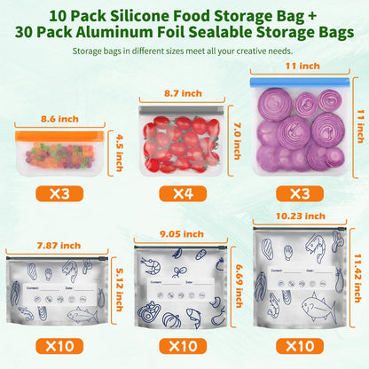 30 Pack Reusable Sealable Aluminum Foil Storage Bags + 10 Pack Leakproof Dishwasher Safe Silicone Freezer Bags - BPA Free Zipper Pouches for Vegetable Fruit Meat, Stand Up Aluminum Foil Storage Bags