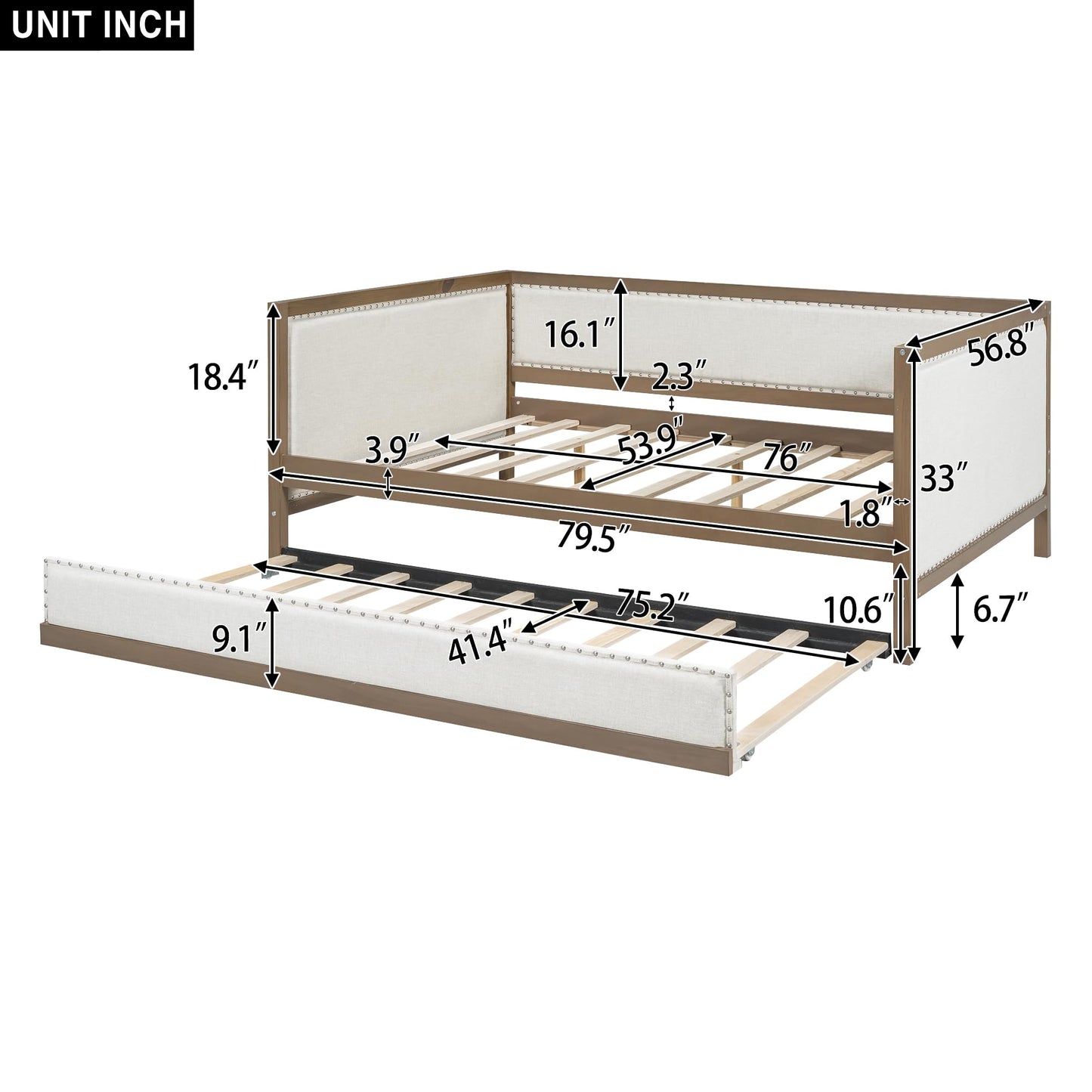 GDFStudio Full Size Upholstered Daybed with Trundle, Linen Sofa Bed with Nailhead Trim, Wood Frame Slat Support, No Box Spring Needed, Space Saving Guest Bed for Bedroom Living Room