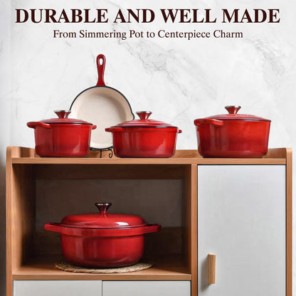 Enameled Cast Iron Dutch Oven - Umite Chef 5QT Pot with Lid & Cotton Potholders - Heavy-Duty Cookware for Bread Baking, Braising, Stews, Roasting(Red)