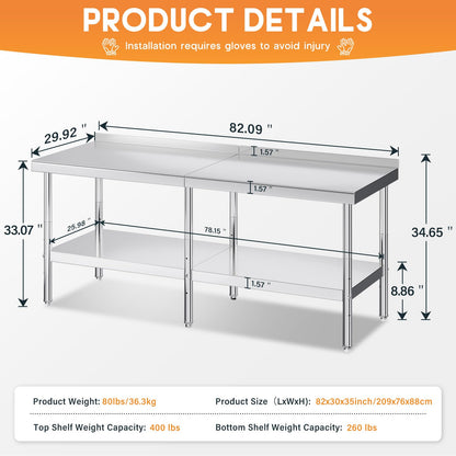 Jocisland 30" x 82" Stainless Steel Table for Prep & Work, Food-Grade Stainless Steel with Backsplash, Adjustable Under Shelf & Safe Design for Restaurant, Home and Outdoor