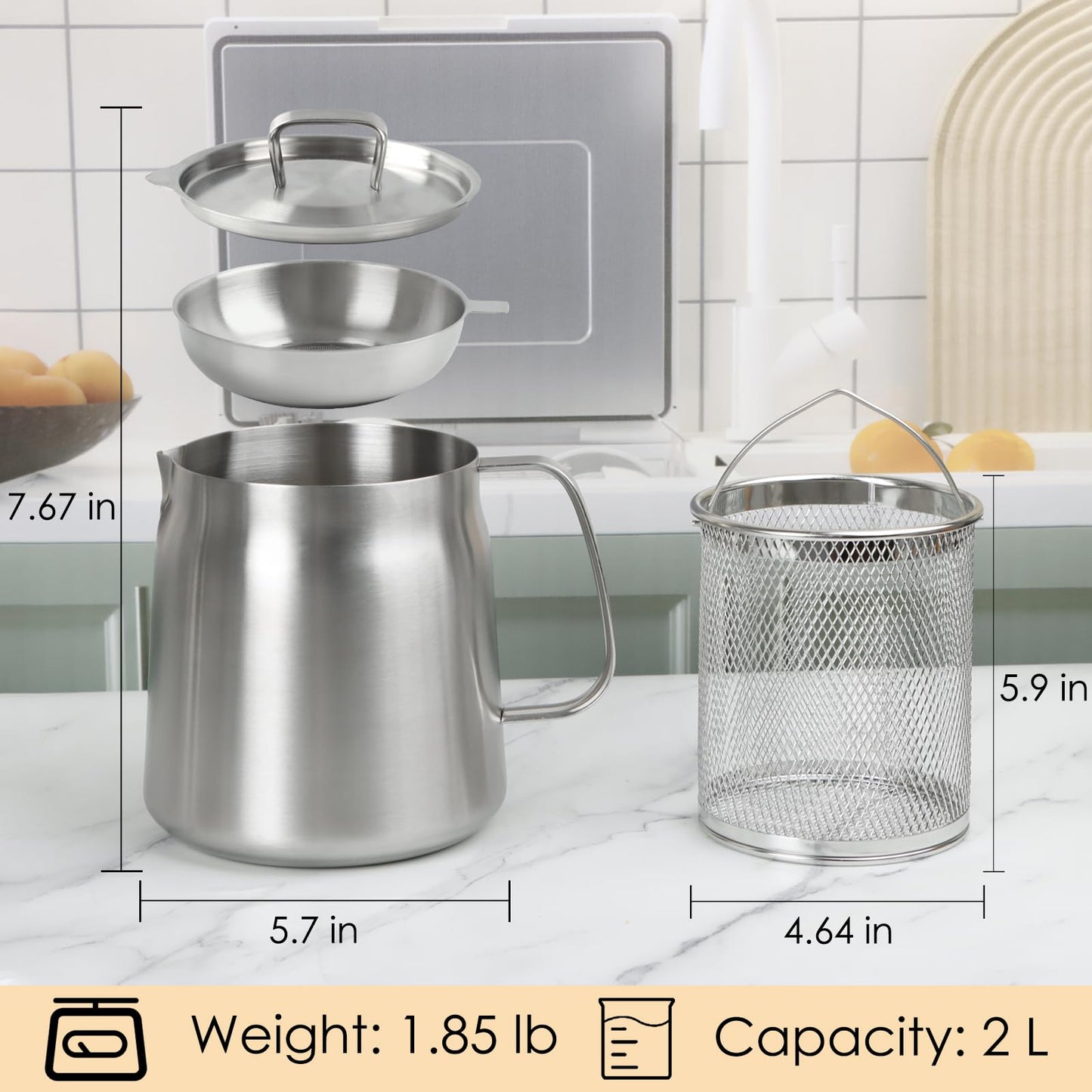 68oz 304 Stainless Steel Oil Filter Pot, Heavy Duty Bacon Grease Container & Deep Fryer Basket, Large Capacity Multi-function Oil Filter Vessel with Strainer for Kitchen Storing Frying Cooking Grease