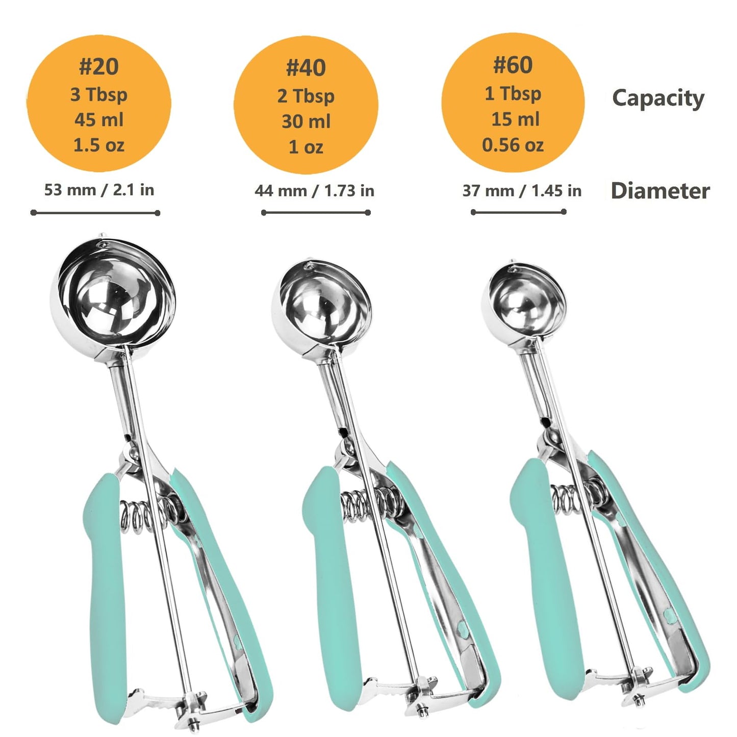 Cookie Scoop Set, 3Pcs Ice Cream Scoop, Cookie Scoops for Baking Set of 3, 18/8 Stainless Steel Cookie Scooper for Baking, Ice Cream Scooper with Trigger Release, Mint Soft Grip Cookie Dough Scoop