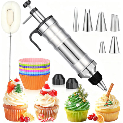 Dualshine Dessert Decorating Syringe Set, Frosting Piping Kit, Stainless Steels Icing Piping Kit, Cake Decorating Tools 6 Russian Piping Icing Nozzles Cupcake Piping Kit Christmas Baking Gifts