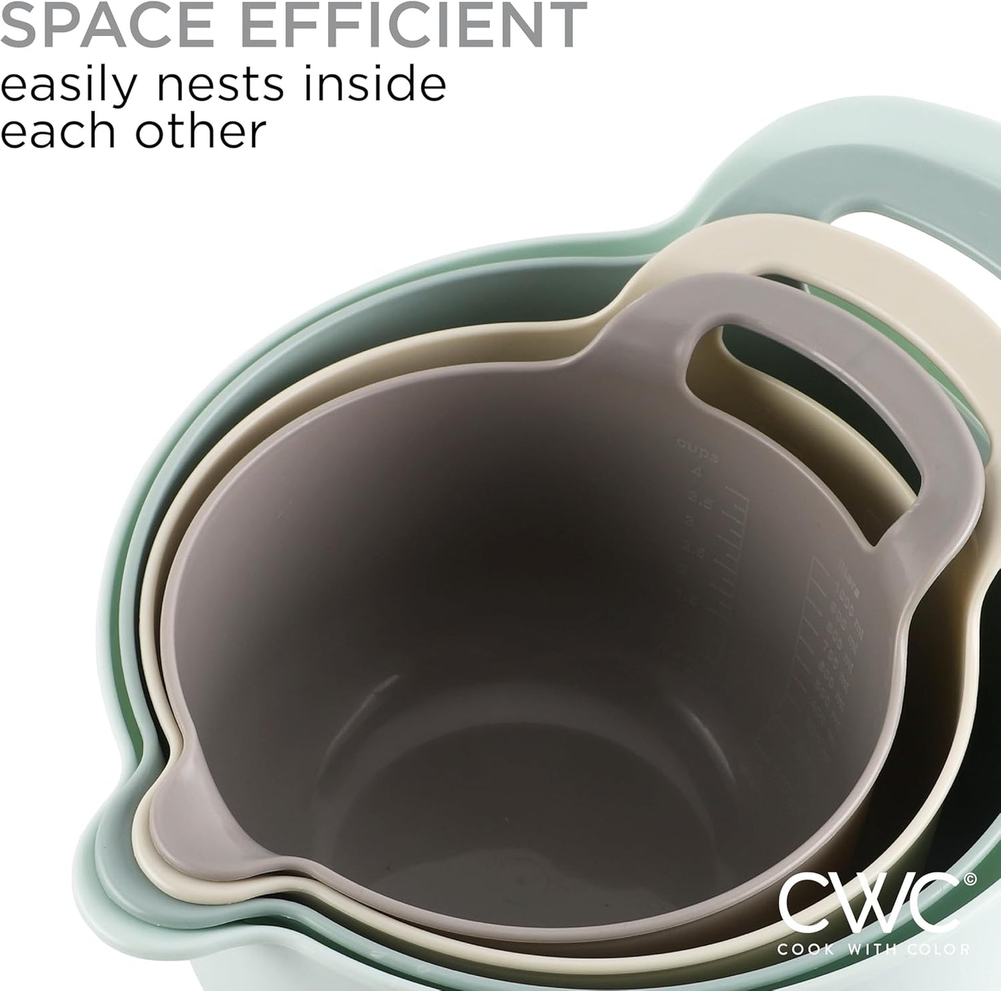 COOK WITH COLOR Non-Slip Mixing Bowls - 4 Piece Nesting Plastic Set with Pour Spouts, Handles, and Measurement Markings