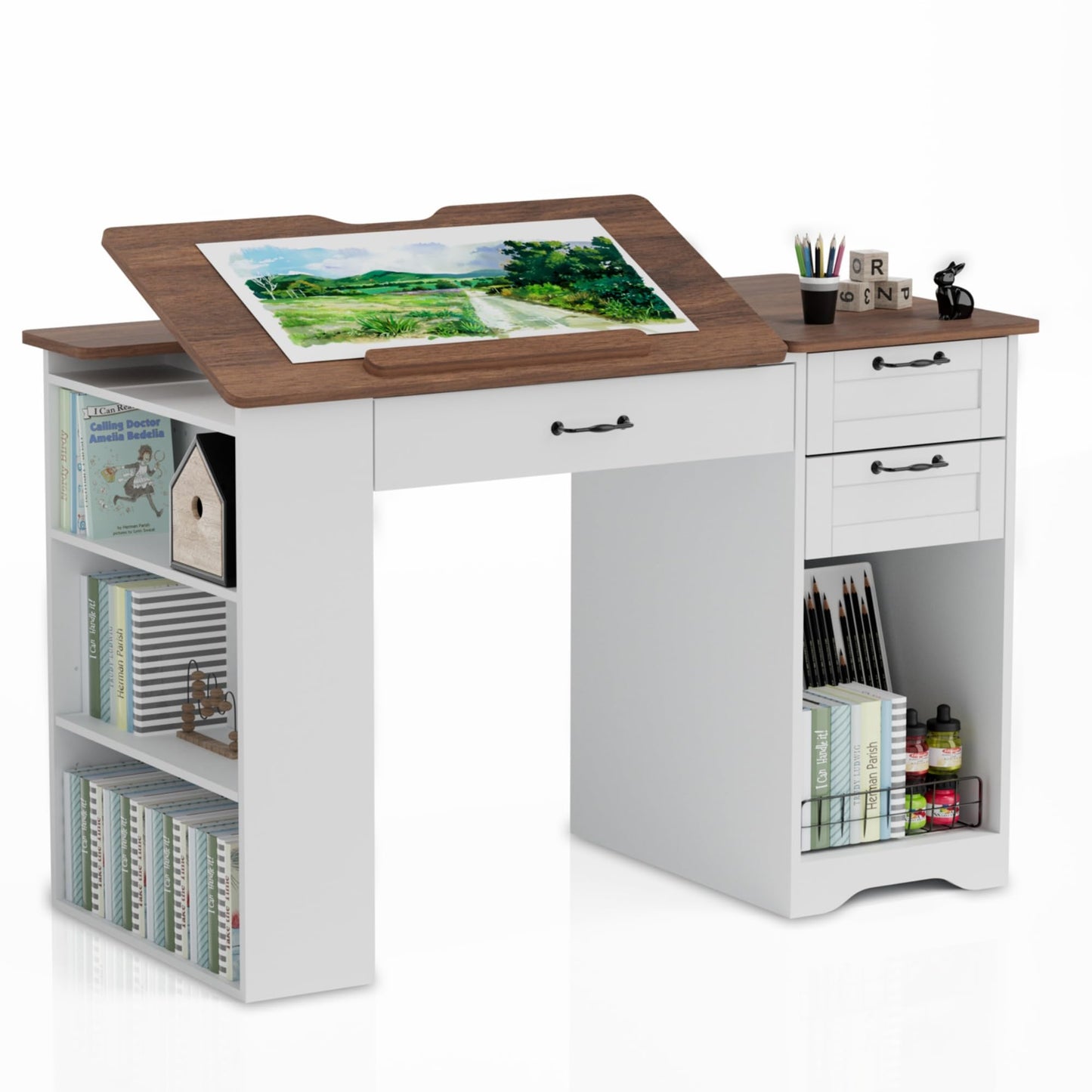GatherHome Drafting Table with Storage Cabinet & Drawers, Adjustable Drawing Table with Open Shelves, Craft Art Desk for Artists, Painters, Drawing, Crafting, Reading, Writing, Working
