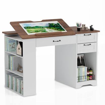 GatherHome Drafting Table with Storage Cabinet & Drawers, Adjustable Drawing Table with Open Shelves, Craft Art Desk for Artists, Painters, Drawing, Crafting, Reading, Writing, Working