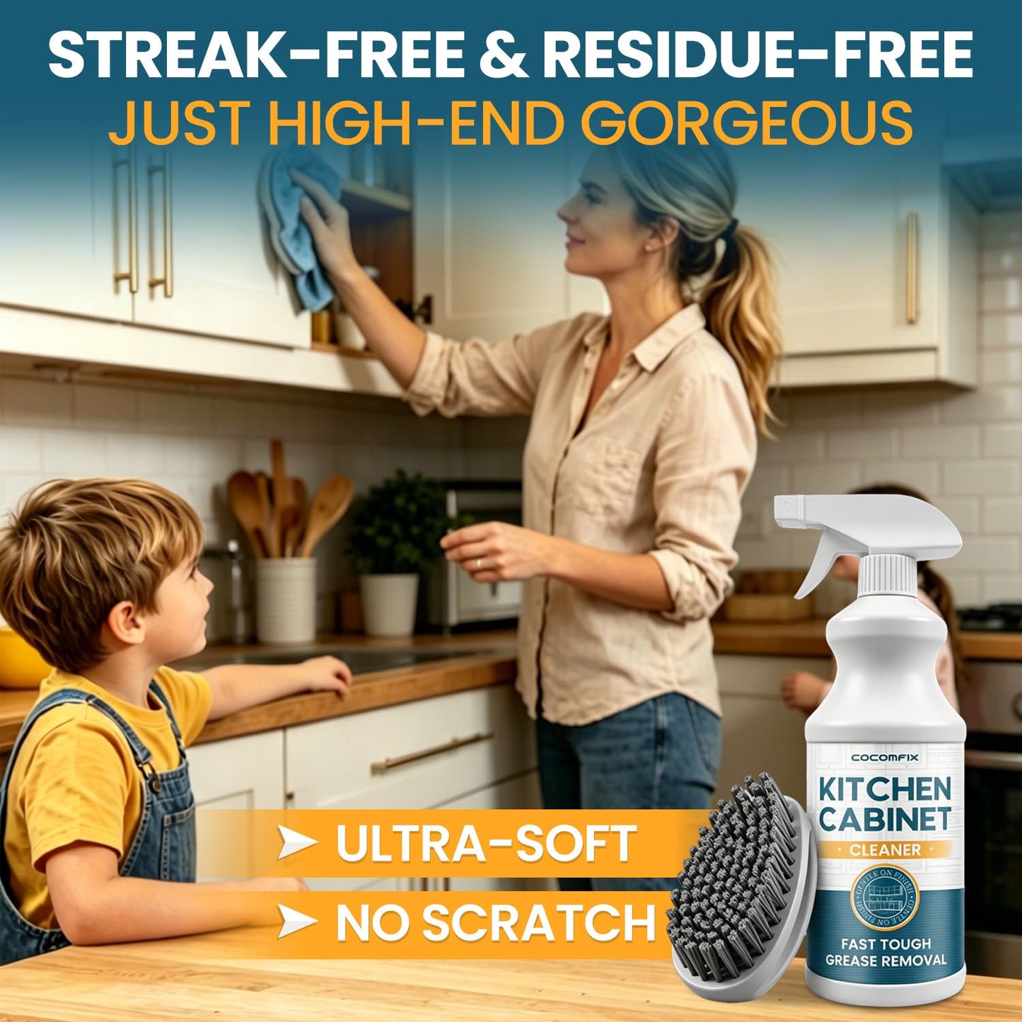 cocomfix Kitchen Cabinet Cleaner, Tough & Gentle Degreaser for Wood, Painted Kitchen Cabinet & Furniture, Grime & Grease Remover – No Residue, No Streaks, with Soft Scrub Brush – 32oz
