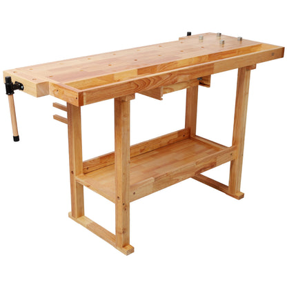 ABH 55 Inches Wood Workbench, Heavy Duty Woodworking Table with Adjustable Handle Vice, 300lbs Capacity Solid Wood Work with Storage Drawer Shelf for Garage, Workshop, Natural (1 Drawers)