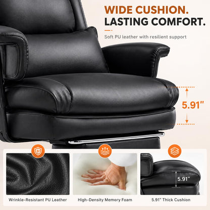 Big and Tall Ergonomic Office Chair with Footrest, Executive High Back PU Leather Desk Chair, Reclining Computer Chair with Adjustable Lumbar Support and Armrests, Swivel Rolling Gaming Chair, Black