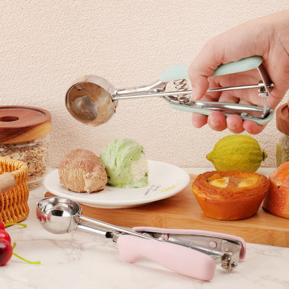 Cookie Scoops for Baking Set of 2, 18/8 Stainless Steel Ice Cream Scoop Set with Ergonomic Soft Grip, Spring Trigger Release Cookie Dough Scooper for Cupcakes, Muffins, Meatballs - Pink & Mint Green