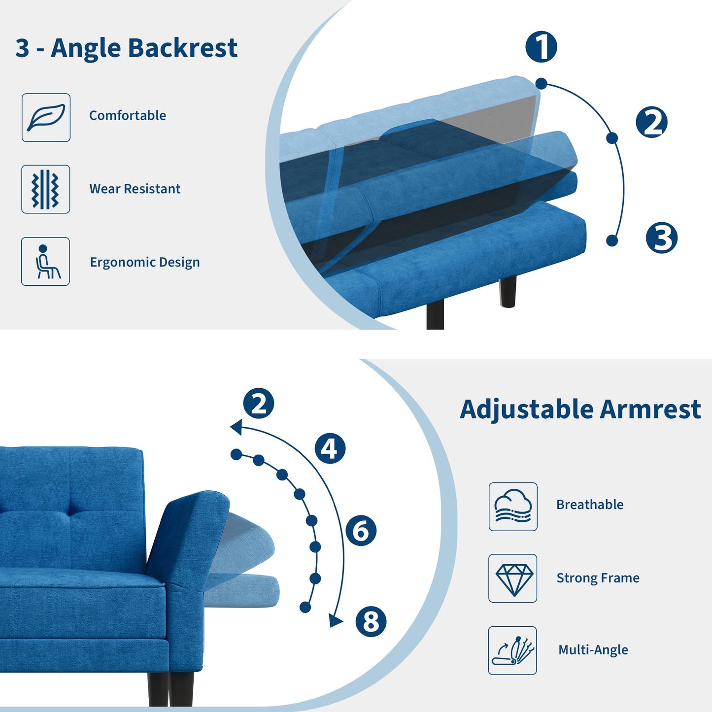 IDEALHOUSE 89" Futon Sofa Bed, Convertible Sleeper Sofa with Adjustable Backrest & Armrest, Modern Futon Couch Bed, Loveseat Sleeper for Living Room Bedroom Apartments, Blue