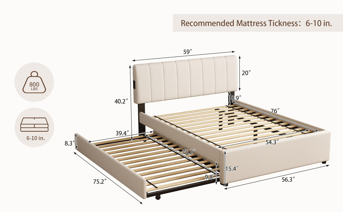FAVSH Full Size Upholstered Platform Bed with Trundle and 1 Sets of USB, Chenille Fabric Solid Wood Bedframe w/Wood Slats & LED Lights with APP for Bedroom,Beige