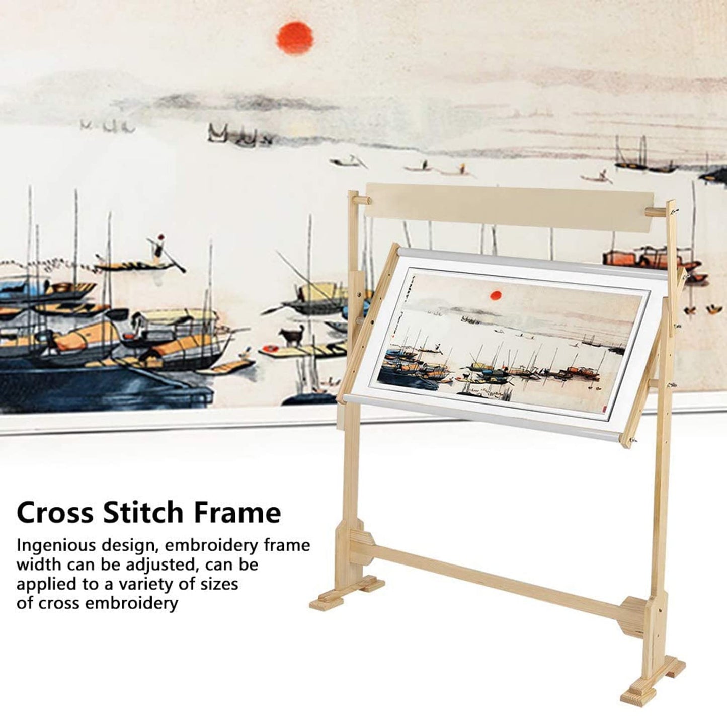 ntumLeap Cross Stitch Frame Adjustable Embroidery Stand, Wooden Frame Cross Stitch Floor Stand 360° Rotated Needlework Stand Holder Lap Table Craft Sewing Tool with Scroll Frame