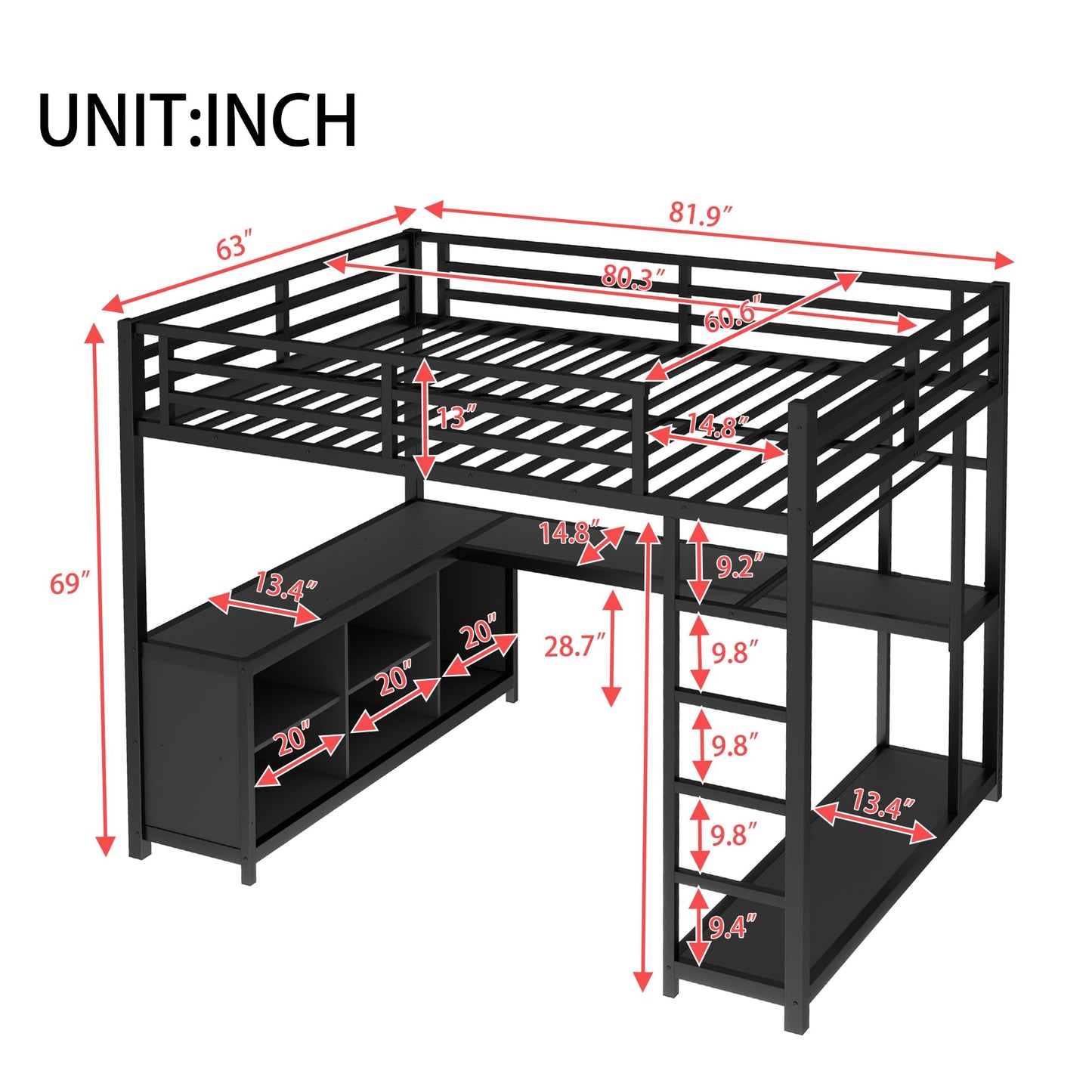 KEIKI Loft Bed Queen Size with Desk and Storage, Metal Bedframe with Shelves and Safety Guardrail, No Box Spring Needed, Space Saving, for Teens & Adults, Black
