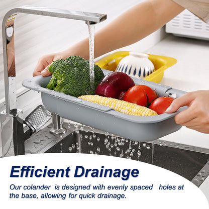 Extendable Sink Colander Strainer Basket - Wash Vegetables and Fruits, Drain Cooked Pasta and Dry Dishes - Adjustable Over the Sink Colander Collapsible Drainer Basket -Gray
