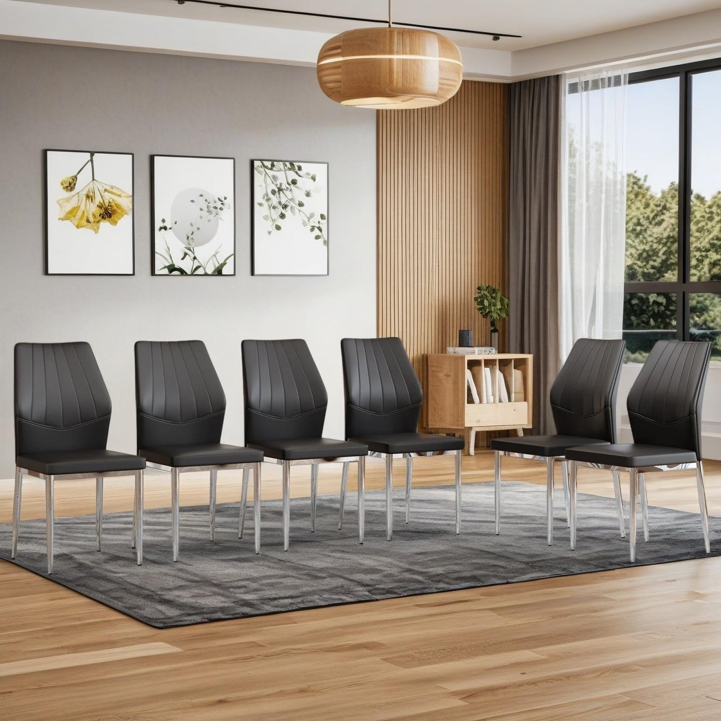 Trygoal Modern Dining Chairs Set of 6, 37" High Back Kitchen Chairs with Ergonomic PU Leather & Silver Metal Legs, Side Chairs with Adjustable Feet for Dining Room, Apartment, Black Silver
