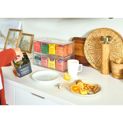 iDesign XL Tea Bag Organizer for Counter, 4-Section Clear Stackable Tea Storage Drawer for Cabinet