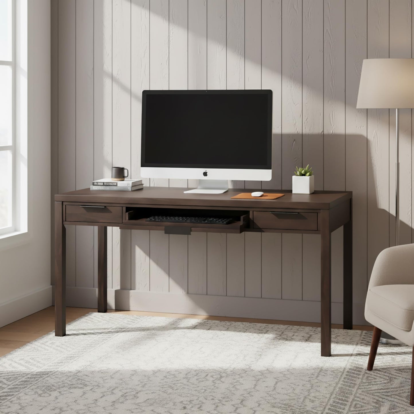 SIMPLIHOME Hollander Desk - 60 Inch Wide Solid Wood Writing Desk in Dark Brown Walnut, Contemporary Home Office Computer Table for Workspace or Study with 2 Drawers and Flip-Down Keyboard Tray