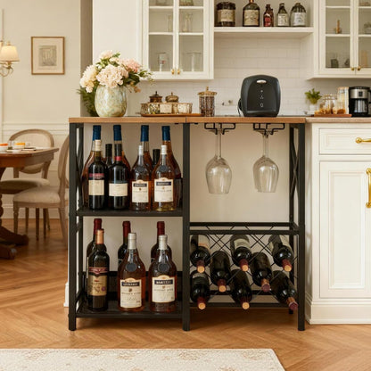 MNEETRUNG Wine Bar Cabinet, Rustic Freestanding Wine Rack with Glass Holder and Fence, Bar Cabinet with 2 Tier Storage, Liquor Shelf for Home Bar, Rustic Brown