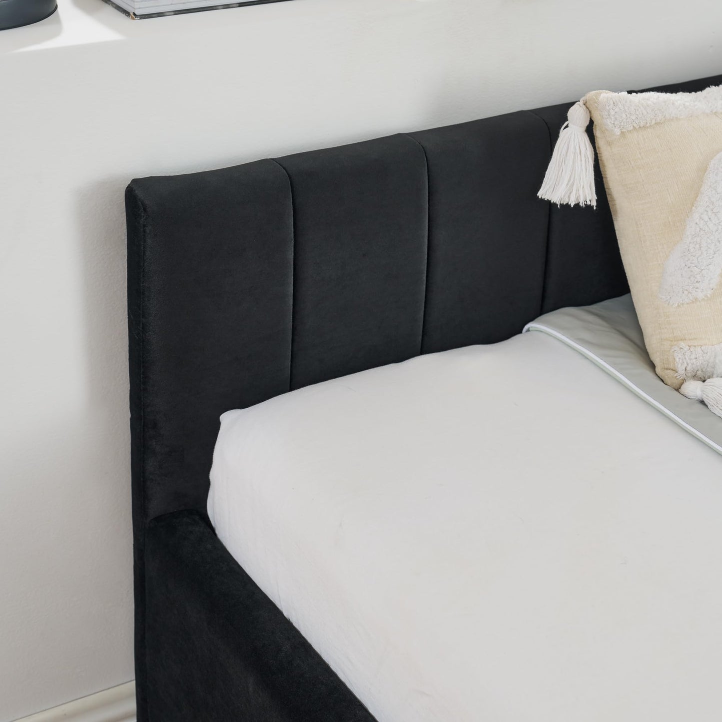 Ball & Cast Full Size Daybed with Two Storage Drawers,Velvet Upholstered Day Bed Frame with Channel Tufted Backrest & Armrest,Wood Slats Support,No Box Spring Needed,for Bedroom Guestroom,Black