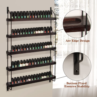 THYGIFTREE Essential Oil Storage Shelf Wall Mounted 16.9" Wooden Essential Oil Collection Display Rack Organizer 5 Tiers Holds 75 Bottles, Nail Polish Holder Paint Organizer