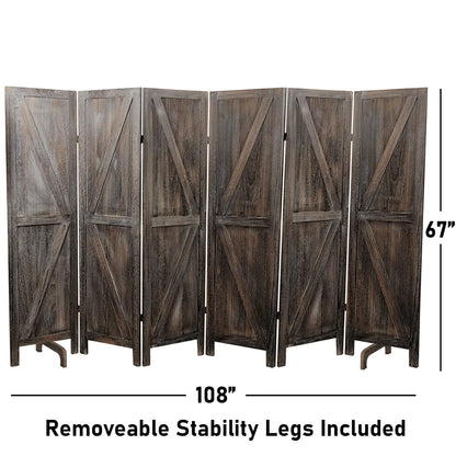 Premium Home 6-Panel Room Divider – Rustic Brown Barn Door, K Pattern Folding Privacy Screen, Partition Wall