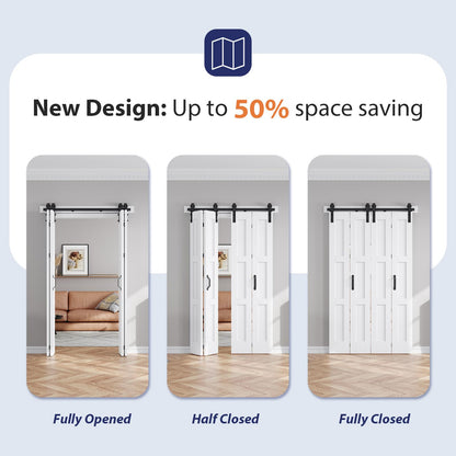 FREDBECK 48in X 84in (for 4 Doors 12x84) White Bi fold Barn Door Bifold Doors with 52" Hardware Track Kit Included,Solid MDF with Water-Proof PVC Surface for Closet,Assembly Required