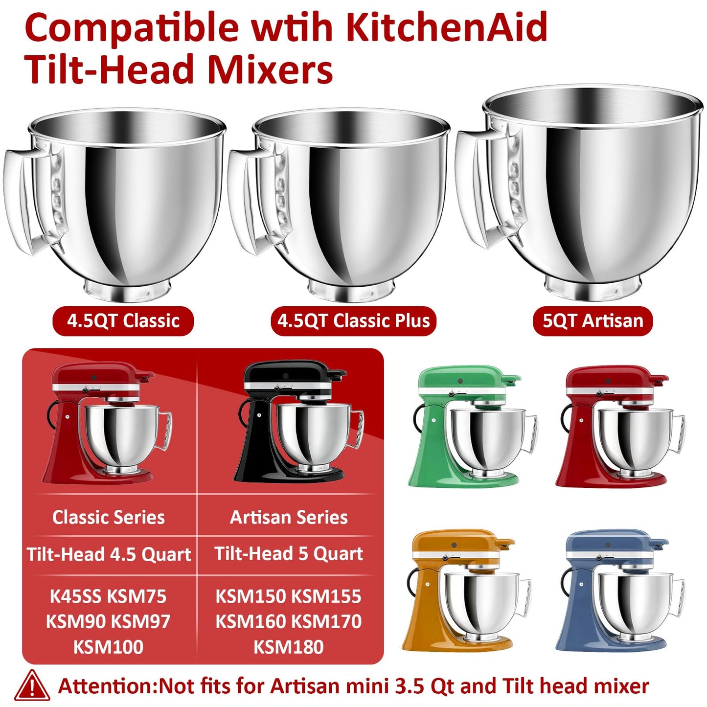 5QT Stainless Steel Mixer Bowl Compatible with KitchenAid Bowls for Mixer, Artisan&Classic Series 4.5-5QT Tilt-Head Mixers, Kitchen Gadgets Mixer Bowl with Handle,Metal Bowl for Kitchen Mixing Bowl