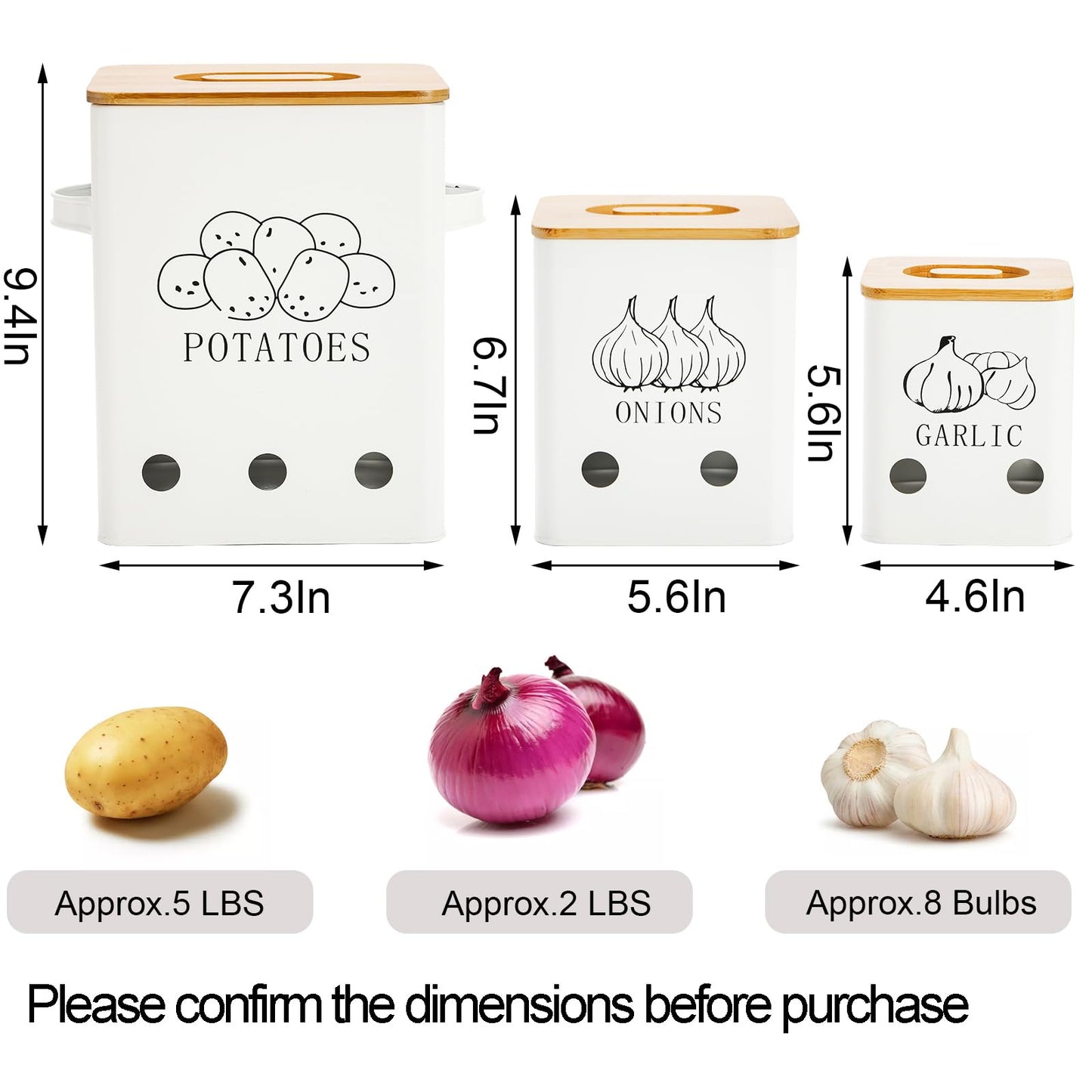 WUWEOT 3 Pack Vegetable Storage Tins, Metal Onion Garlic Potato Jars Set, Kitchen Canisters Vegetable Keeper Containers with Aerating Holes and Wooden Lid