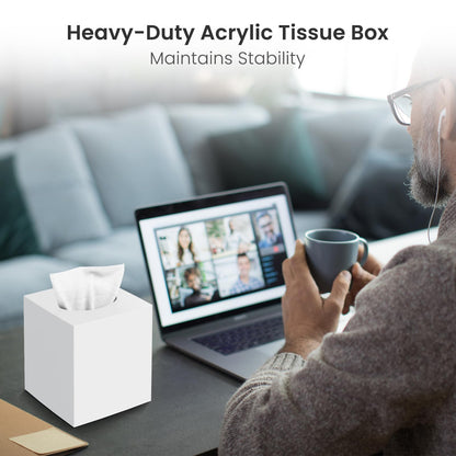 Tissue Box Cover, Square Modern Facial Acrylic Tissue Holder Napkin Dispenser Accessories for Bathroom Vanity Countertop,Bedroom Dresser,Night Stand,Desk,Office (White)