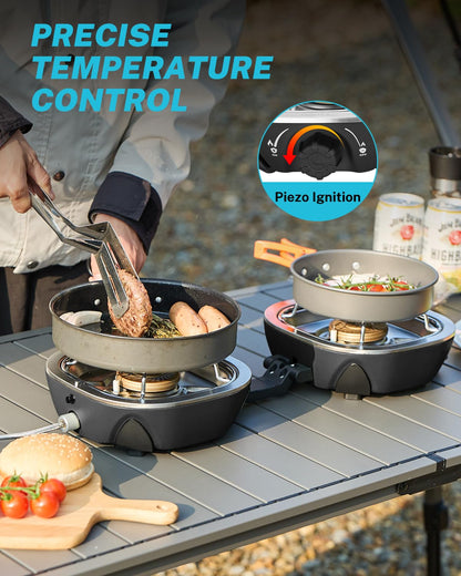 Gonex AeroFlame Dual Burner 20,000 BTUs Propane Camping Stove with Precision Flame Control & Removable Pot Stands, Portable Folding Camp Stove for Camping, Hiking, Patio, BBQ(Black)