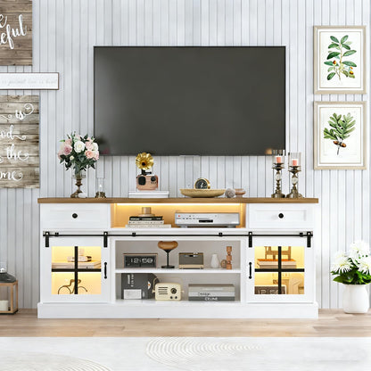 Garvee Farmhouse TV Stand for 80" TVs, Media Console Table with 2 Drawers, Power Outlets, Led Light, Barn Doors, Entertainment Center with Adjustable Shelves for Home Office, 66" w, White+Brown Top