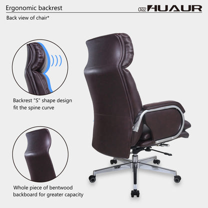 HUAUR Genuine Leather Modern Executive Chair High-Back Support 90 to 150 Degrees Tilt and Upholstered Home Desk Chair with Base 360LB Capacity Swivel Computer Office Chair (Brown)