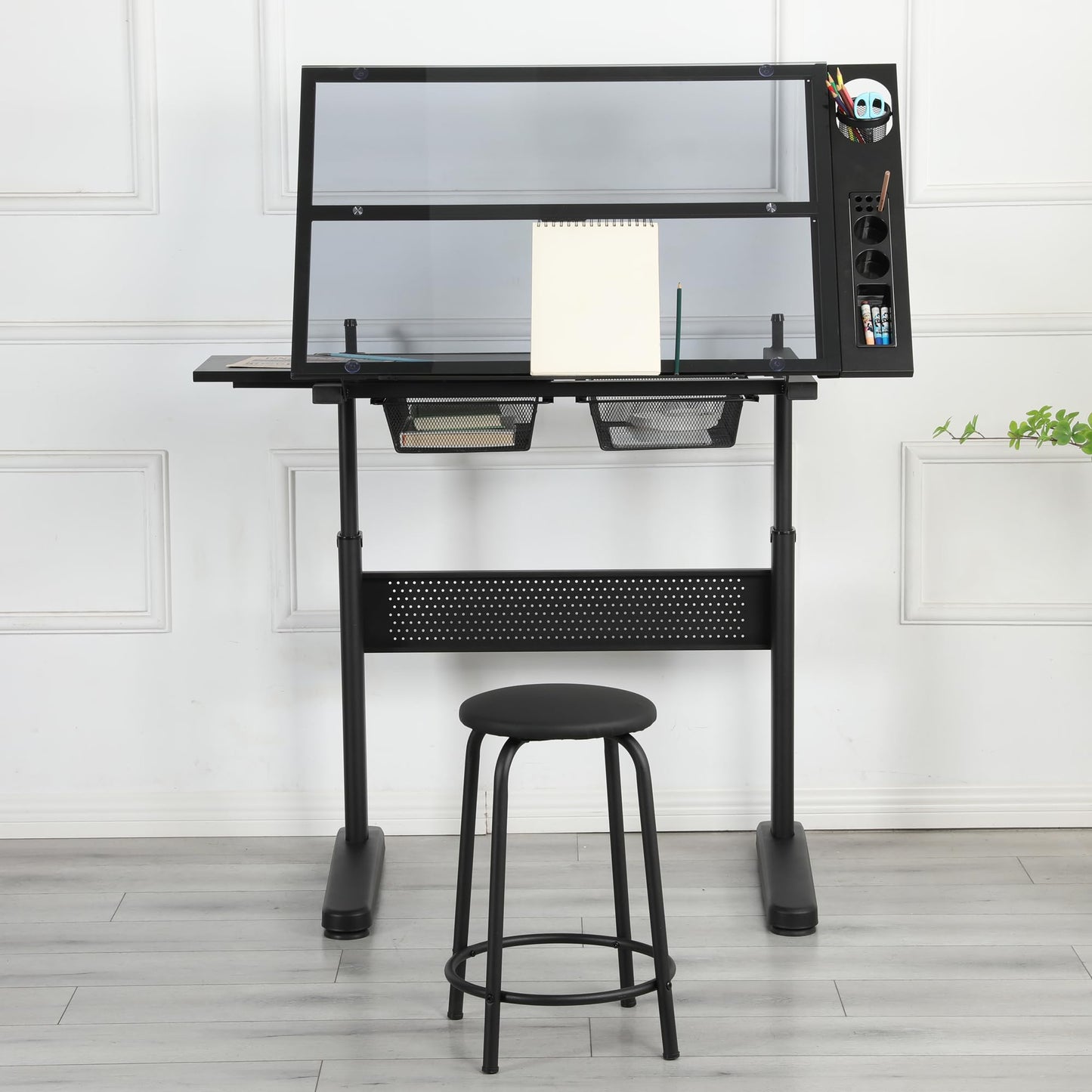 Hand Crank Adjustable Drafting Table Drawing Desk with 2 Metal Drawers (Black) with Stool