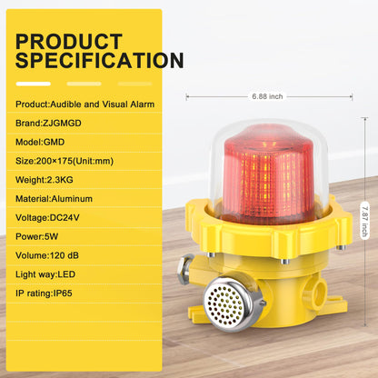 ZJGMGD Industrial Rotating Siren Alarm with Red Strobe Light, High-Decibel 120dB Emergency Buzzer Beacon for Warehouse, Machinery, Intruder Alert DC24V