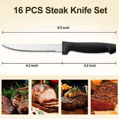 Pleafind 16-Pcs Steak Knives Set, 8.5 Inch Serrated Stainless Steel Knives, Elegant Black for Home, Kitchen, Restaurant