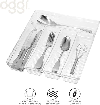 Oggi 5-Compartment Silverware Organizer, Clear Cutlery Storage for Kitchen Drawers
