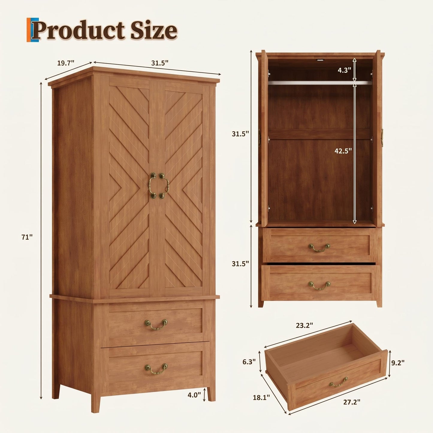 IDEALHOUSE Farmhouse Armoire Wardrobe Closet with Drawers, 71" Tall Freestanding 2 Door Armoire Wardrobe Storage Cabinet with Hanging Rod, Wooden Colthing Closet, V Shape, for Bedroom, Retro Brown