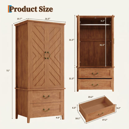 IDEALHOUSE Farmhouse Armoire Wardrobe Closet with Drawers, 71" Tall Freestanding 2 Door Armoire Wardrobe Storage Cabinet with Hanging Rod, Wooden Colthing Closet, V Shape, for Bedroom, Retro Brown