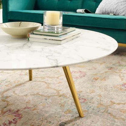 Modway Lippa 40" Round Artificial Marble Coffee Table with Tripod Top, Gold Base