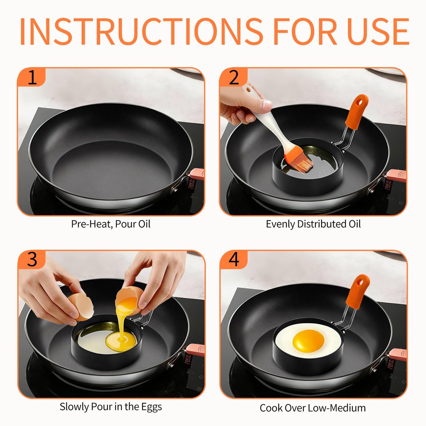 Jibrelxion 4 Pack Professional Egg Ring Set, Stainless Steel Griddle Pancake Shapers, Round Fried Egg Molds with Orange Silicone Handle for Cooking, Breakfast, Omelette and Sandwich, (4,6 Inch)