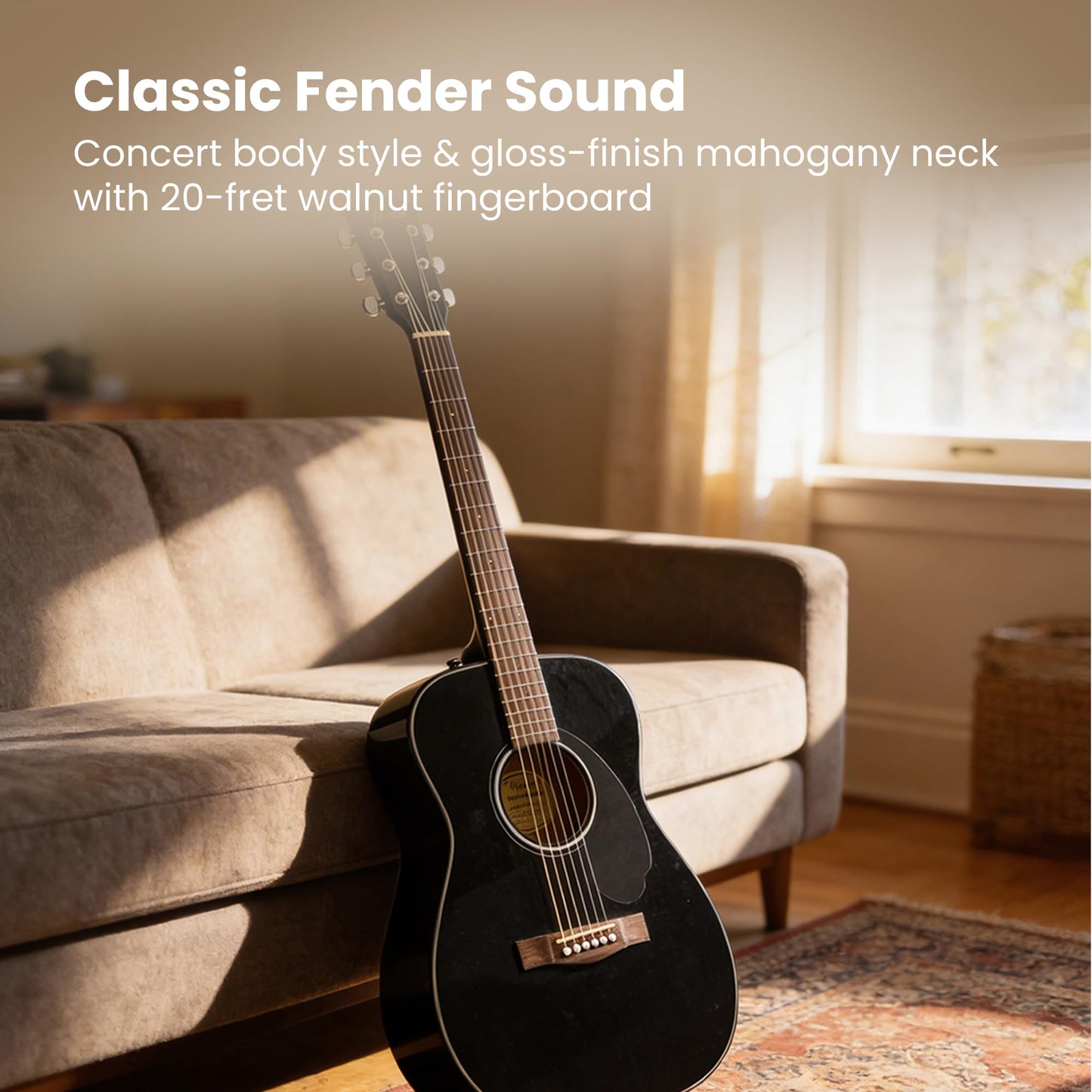 Fender CC-60S Solid Top Concert Acoustic Guitar - Black Bundle with Gig Bag, Tuner, Strap, Strings, Picks, and Austin Bazaar Instructional DVD