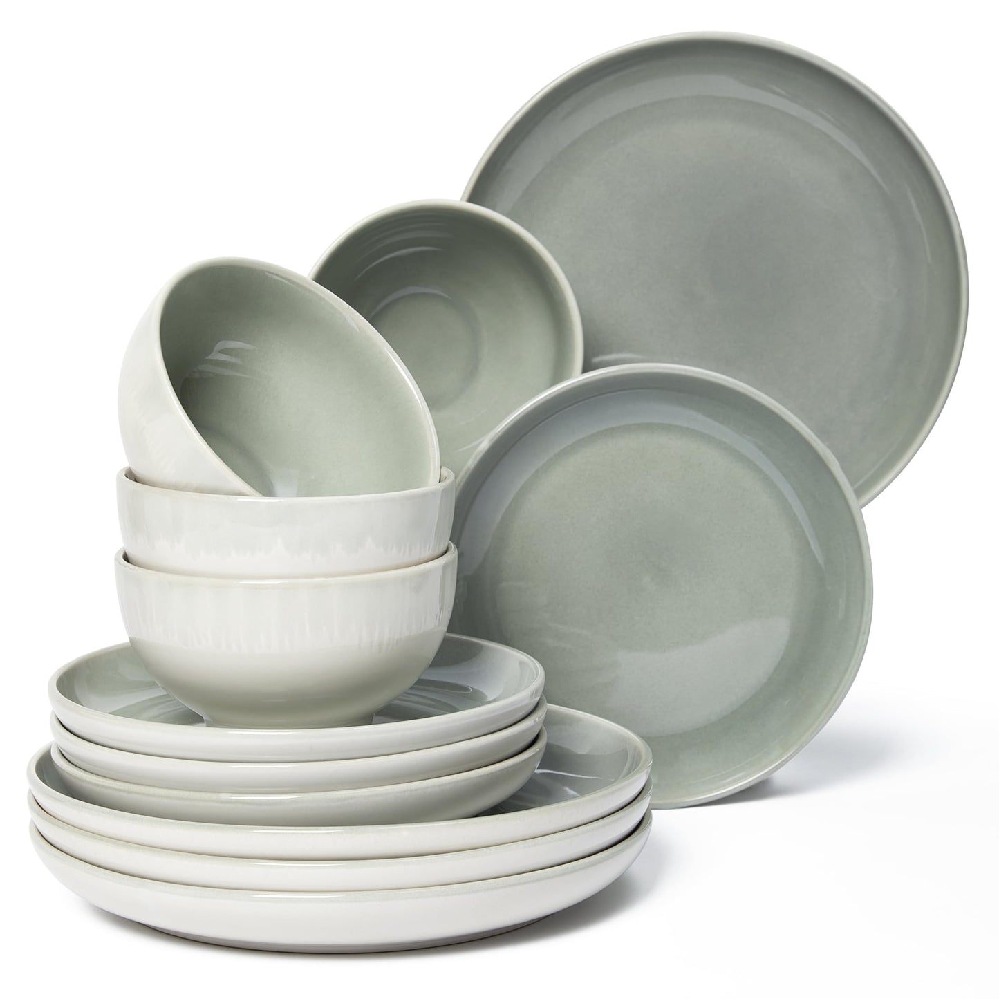 Pokini Stoneware Dinnerware Sets Service for 12, 36 pcs Reactive Glaze Plates and Bowls Sets, Handmade Ceramic Dish Set, Highly Chip and Crack Resistant Modern Plate Set, Gradient Green