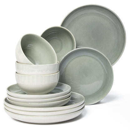 Pokini Stoneware Dinnerware Sets Service for 12, 36 pcs Reactive Glaze Plates and Bowls Sets, Handmade Ceramic Dish Set, Highly Chip and Crack Resistant Modern Plate Set, Gradient Green
