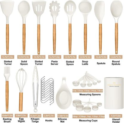 Kitchen Utensils Set, 33 pcs Non-Stick Silicone Cooking Utensils, Heat-Resistant Wooden Gadgets for Cooking, White