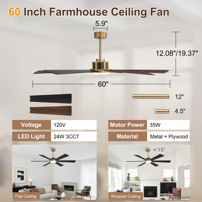 WINGBO 60 Inch Ceiling Fan with Light - 6 Plywood Blades, 6-Speed Reversible DC Motor, Noiseless Remote Control Ceiling Fans with Lights for Bedroom Living Room Kitchen, Gold and Walnut/Black